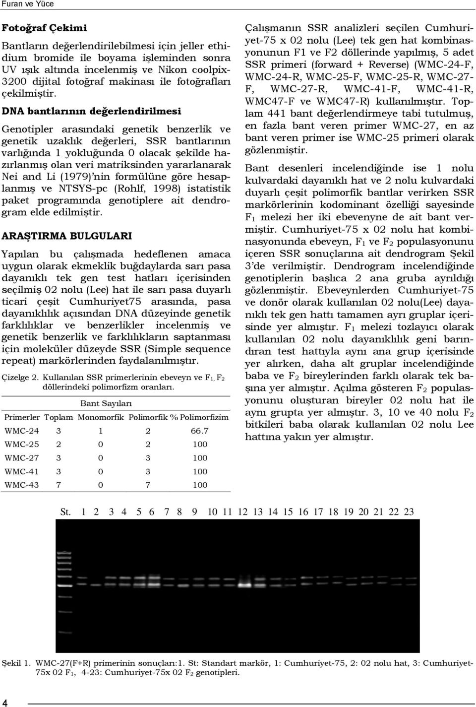 DNA bantlarının değerlendirilmesi Genotipler arasındaki genetik benzerlik ve genetik uzaklık değerleri, SSR bantlarının varlığında 1 yokluğunda 0 olacak şekilde hazırlanmış olan veri matriksinden