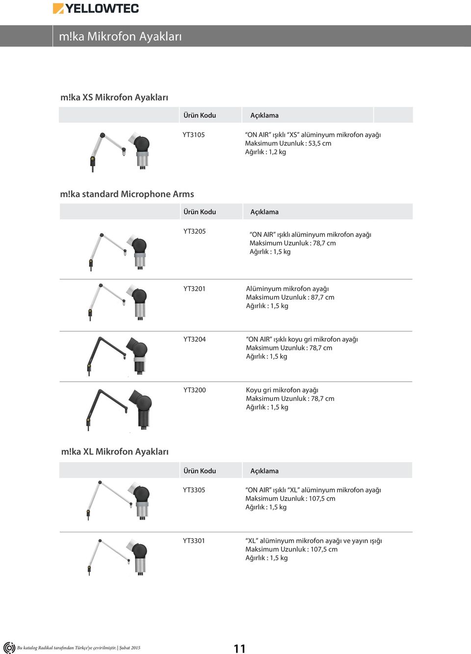 Ağırlık : 1,5 kg YT3204 ON AIR ışıklı koyu gri mikrofon ayağı Maksimum Uzunluk : 78,7 cm Ağırlık : 1,5 kg YT3200 Koyu gri mikrofon ayağı Maksimum Uzunluk : 78,7 cm Ağırlık : 1,5
