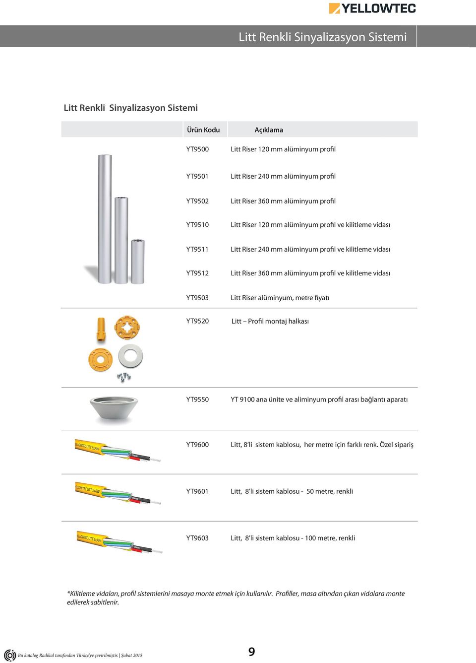 Riser alüminyum, metre fiyatı YT9520 Litt Profil montaj halkası YT9550 YT 9100 ana ünite ve aliminyum profil arası bağlantı aparatı YT9600 Litt, 8 li sistem kablosu, her metre için farklı renk.