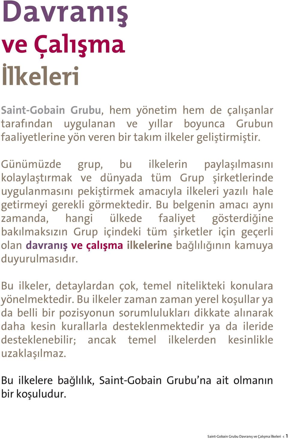 Bu belgenin amacı aynı zamanda, hangi ülkede faaliyet gösterdiğine bakılmaksızın Grup icindeki tüm şirketler icin gecerli olan davranış ve calışma ne bağlılığının kamuya duyurulmasıdır.