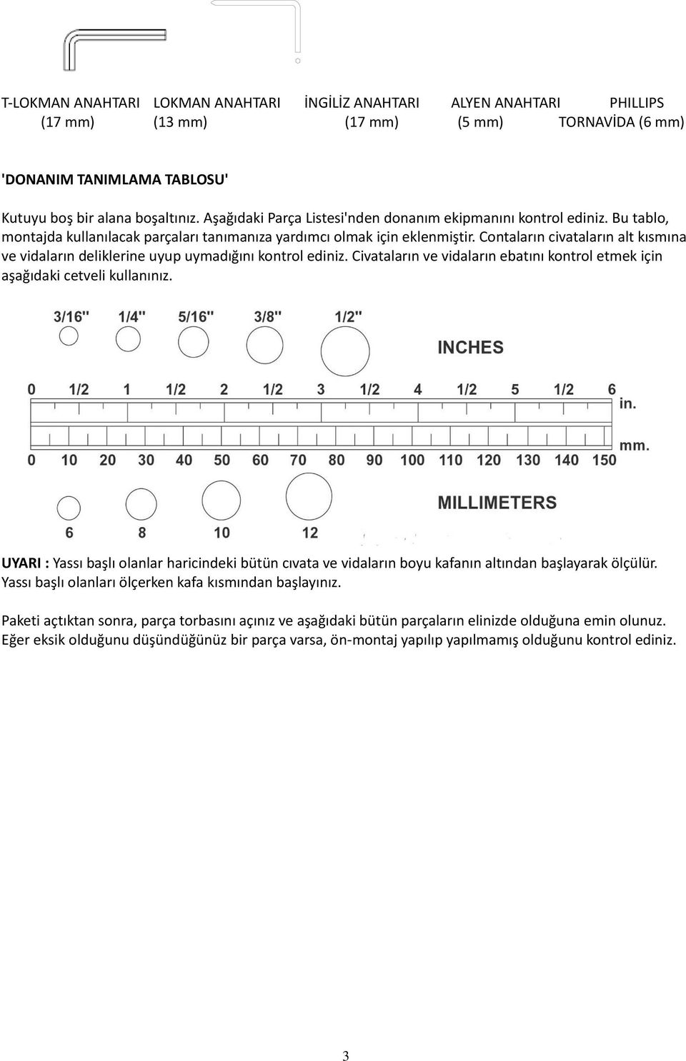 Contaların civataların alt kısmına ve vidaların deliklerine uyup uymadığını kontrol ediniz. Civataların ve vidaların ebatını kontrol etmek için aşağıdaki cetveli kullanınız.