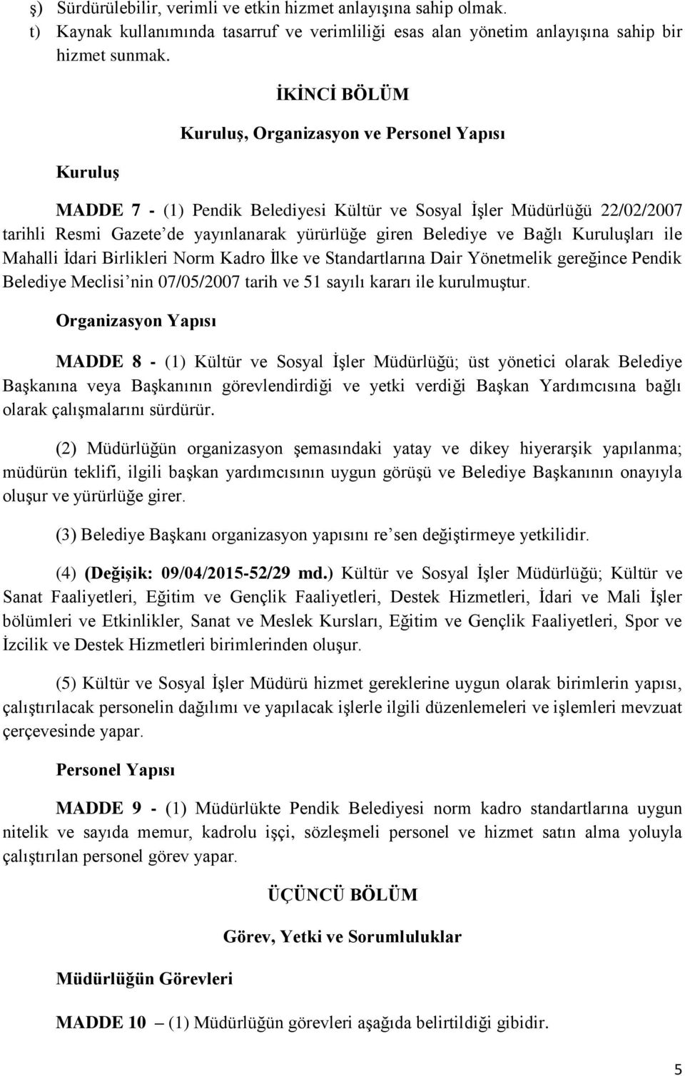 ve Bağlı Kuruluşları ile Mahalli İdari Birlikleri Norm Kadro İlke ve Standartlarına Dair Yönetmelik gereğince Pendik Belediye Meclisi nin 07/05/2007 tarih ve 51 sayılı kararı ile kurulmuştur.