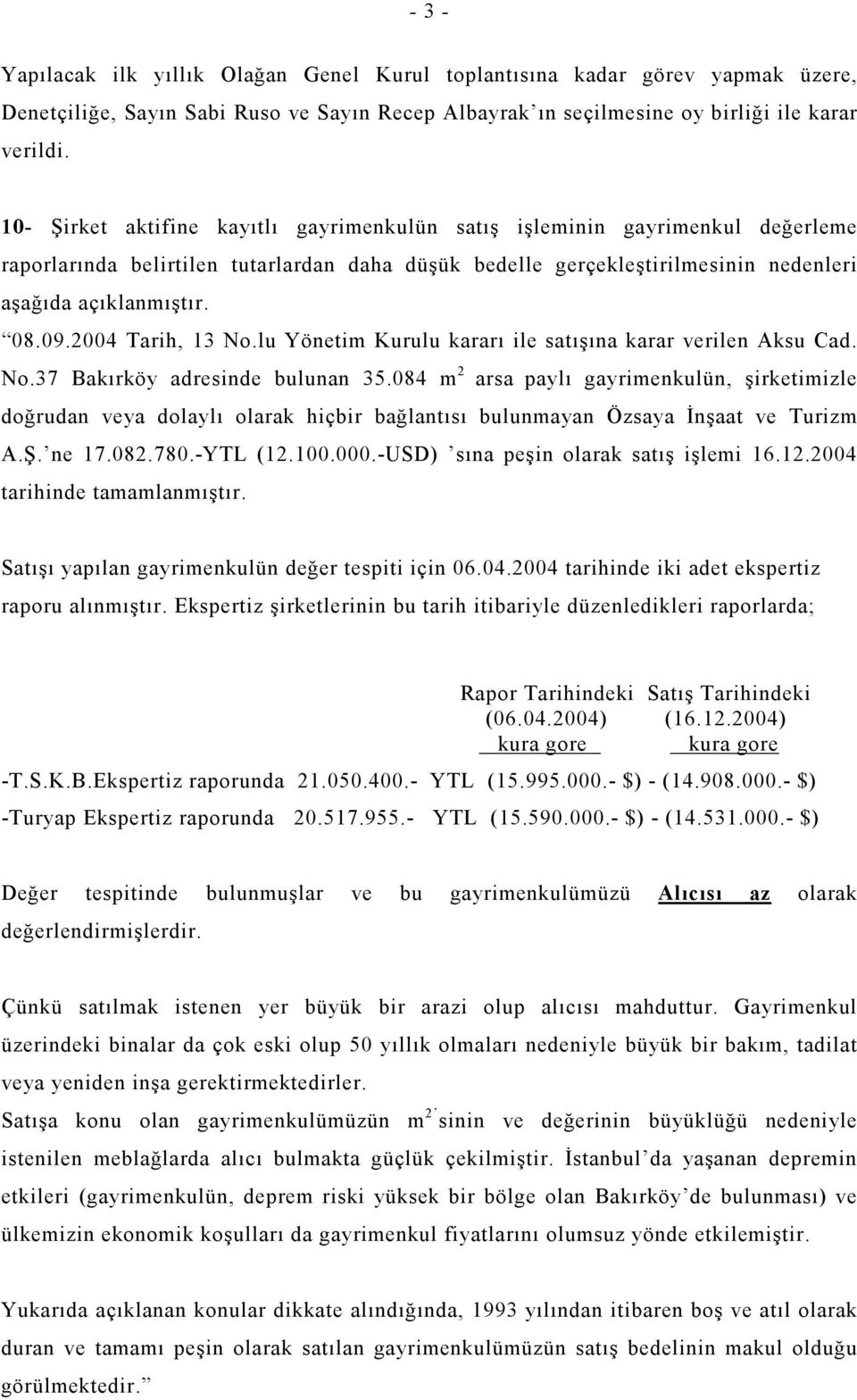2004 Tarih, 13 No.lu Yönetim Kurulu kararı ile satışına karar verilen Aksu Cad. No.37 Bakırköy adresinde bulunan 35.