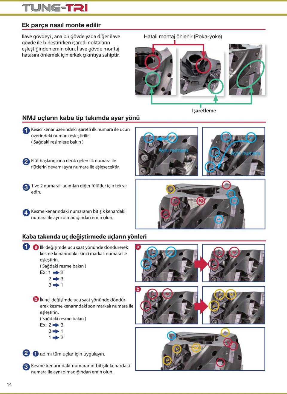 Hatalı montaj önlenir (Poka-yoke) NMJ uçların kaba tip takımda ayar yönü İşaretleme 1 Kesici kenar üzerindeki işaretli ilk numara ile ucun üzerindeki numara eşleştirilir.