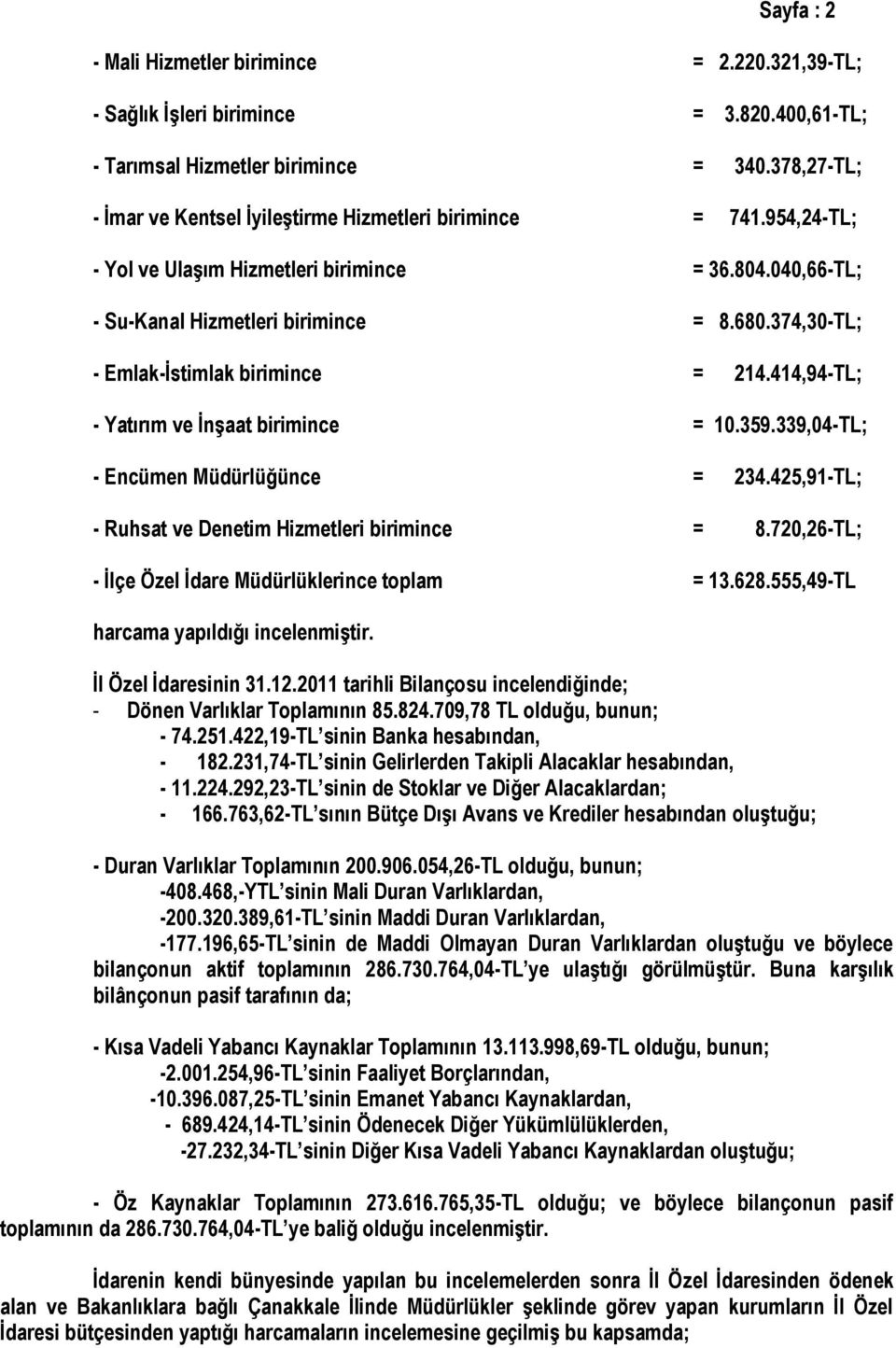 374,30-TL; - Emlak-İstimlak birimince = 214.414,94-TL; - Yatırım ve İnşaat birimince = 10.359.339,04-TL; - Encümen Müdürlüğünce = 234.425,91-TL; - Ruhsat ve Denetim Hizmetleri birimince = 8.