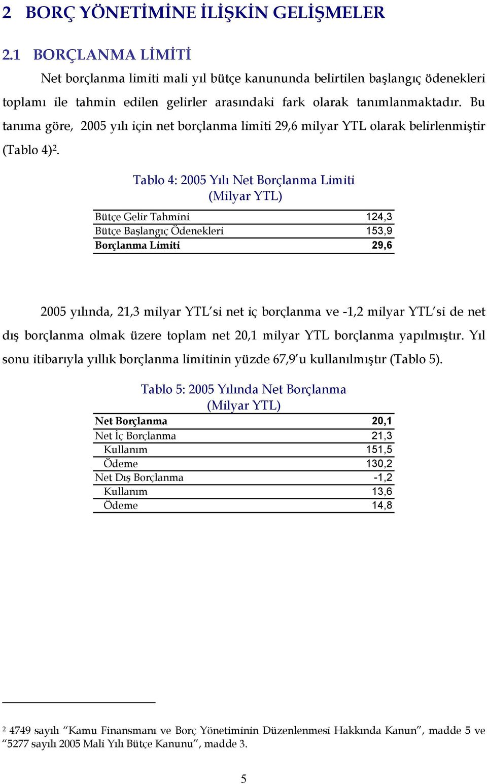 Bu tanıma göre, 2005 yılı için net borçlanma limiti 29,6 milyar YTL olarak belirlenmiştir (Tablo 4) 2.