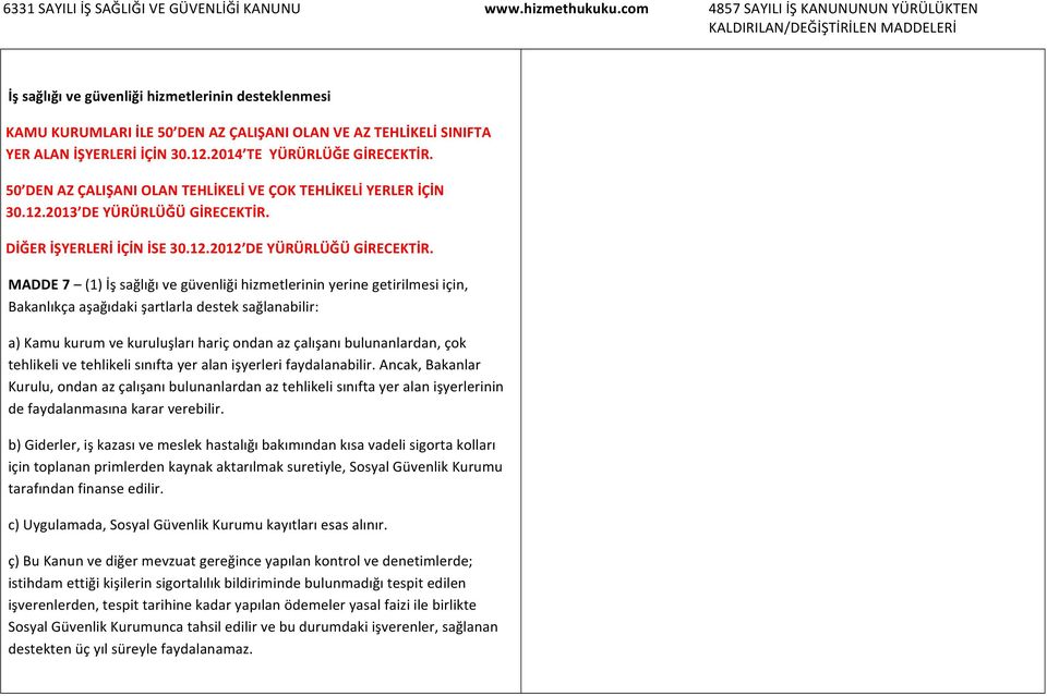 MADDE 7 (1) İş sağlığı ve güvenliği hizmetlerinin yerine getirilmesi için, Bakanlıkça aşağıdaki şartlarla destek sağlanabilir: a) Kamu kurum ve kuruluşları hariç ondan az çalışanı bulunanlardan, çok