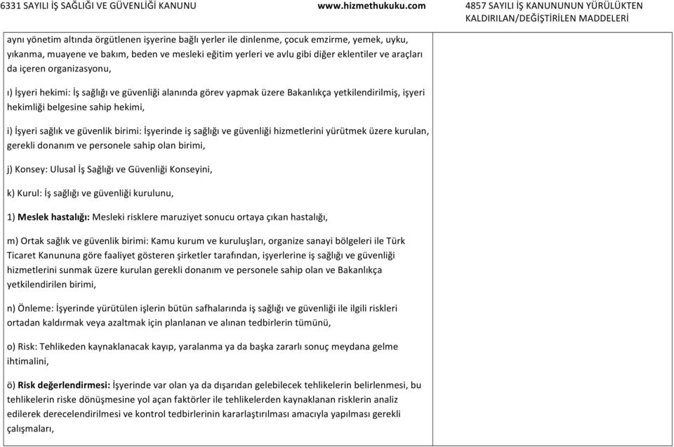 İşyerinde iş sağlığı ve güvenliği hizmetlerini yürütmek üzere kurulan, gerekli donanım ve personele sahip olan birimi, j) Konsey: Ulusal İş Sağlığı ve Güvenliği Konseyini, k) Kurul: İş sağlığı ve