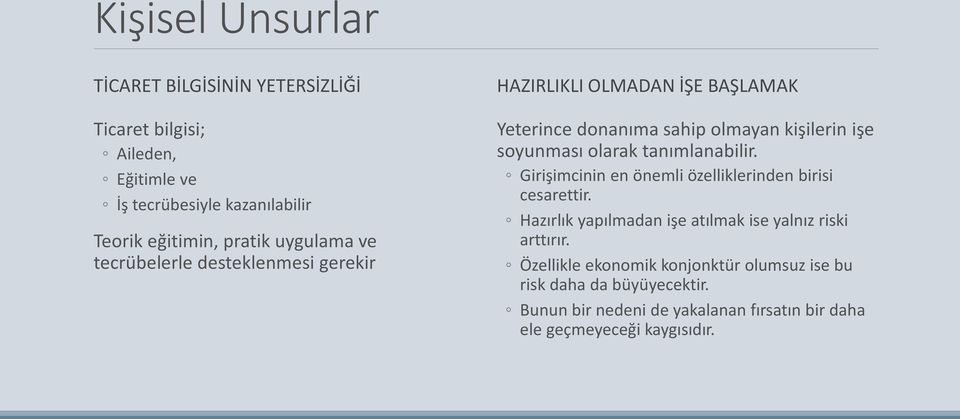 olarak tanımlanabilir. Girişimcinin en önemli özelliklerinden birisi cesarettir. Hazırlık yapılmadan işe atılmak ise yalnız riski arttırır.