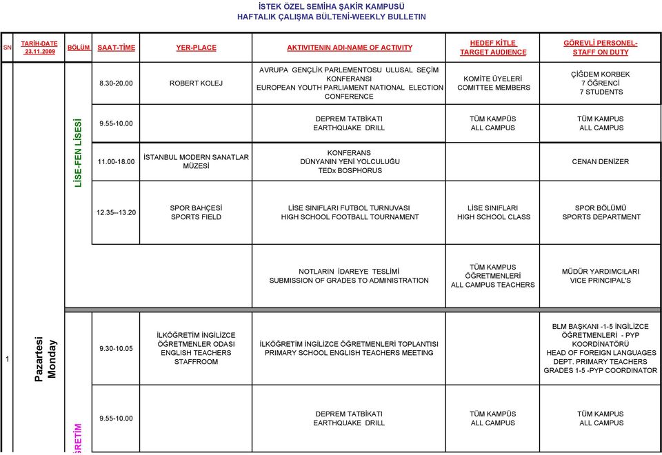 LİSESİ 9.55-10.00 11.00-18.00 İSTANBUL MODERN SANATLAR MÜZESİ DEPREM TATBİKATI EARTHQUAKE DRILL KONFERANS DÜNYANIN YENİ YOLCULUĞU TEDx BOSPHORUS TÜM KAMPÜS CENAN DENİZER 12.35--13.