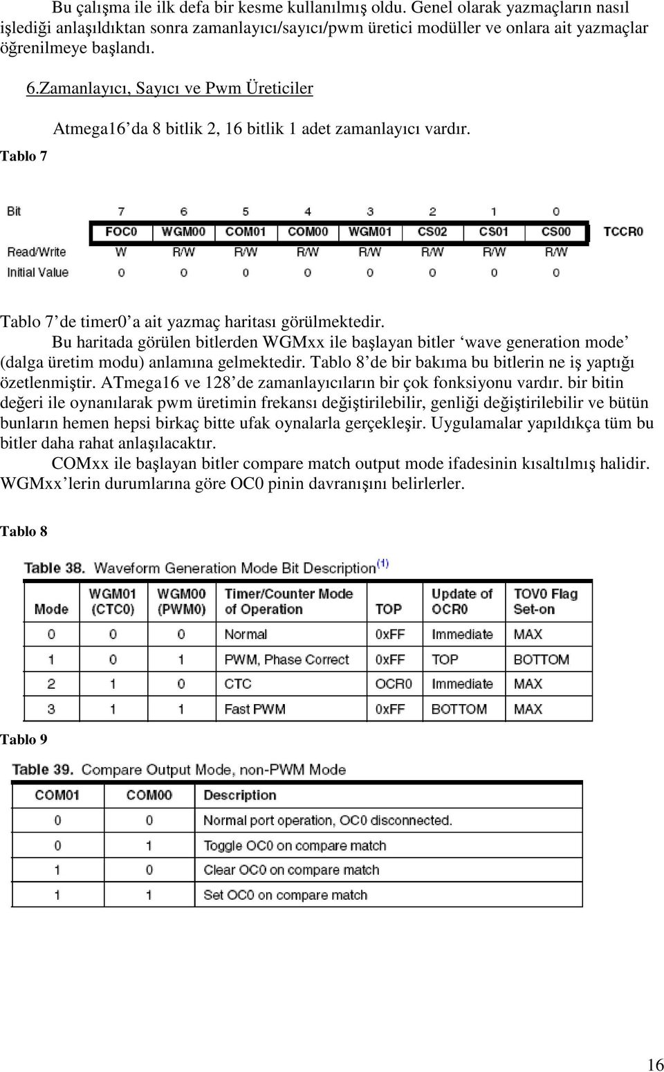 Bu haritada görülen bitlerden WGMxx ile başlayan bitler wave generation mode (dalga üretim modu) anlamına gelmektedir. Tablo 8 de bir bakıma bu bitlerin ne iş yaptığı özetlenmiştir.