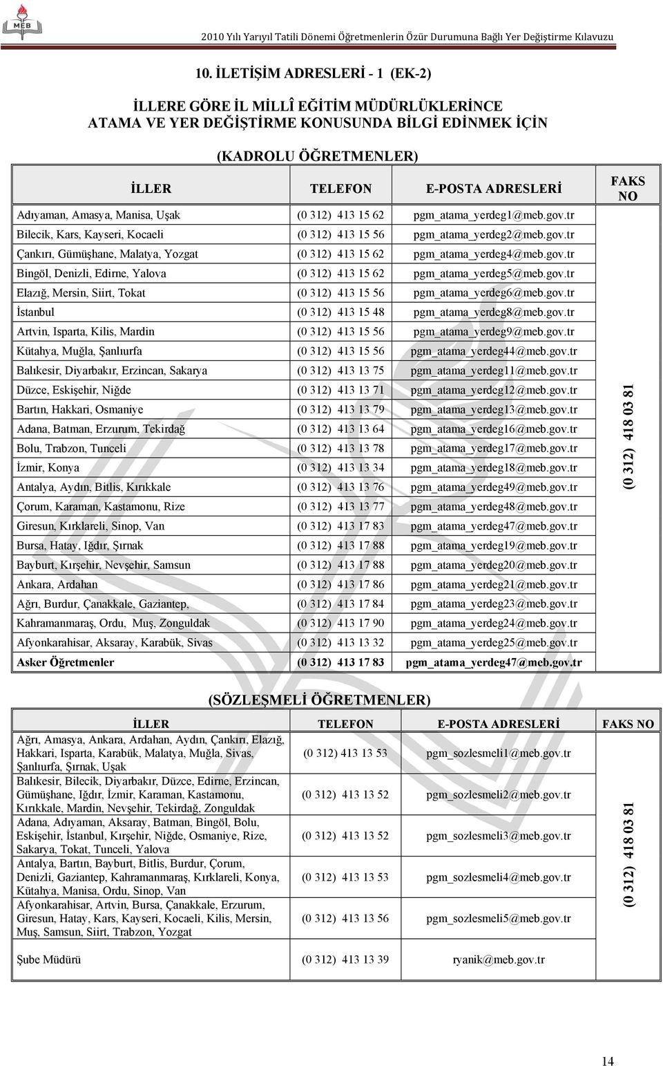 gov.tr Bingöl, Denizli, Edirne, Yalova (0 312) 413 15 62 pgm_atama_yerdeg5@meb.gov.tr Elazığ, Mersin, Siirt, Tokat (0 312) 413 15 56 pgm_atama_yerdeg6@meb.gov.tr İstanbul (0 312) 413 15 48 pgm_atama_yerdeg8@meb.