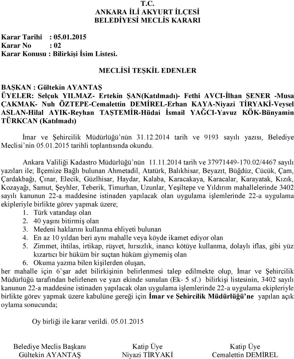 YAĞCI-Yavuz KÖK-Bünyamin TÜRKCAN (Katılmadı) İmar ve Şehircilik Müdürlüğü nün 31.12.2014 tarih ve 9193 sayılı yazısı, Belediye Meclisi nin 05.01.2015 tarihli toplantısında okundu.