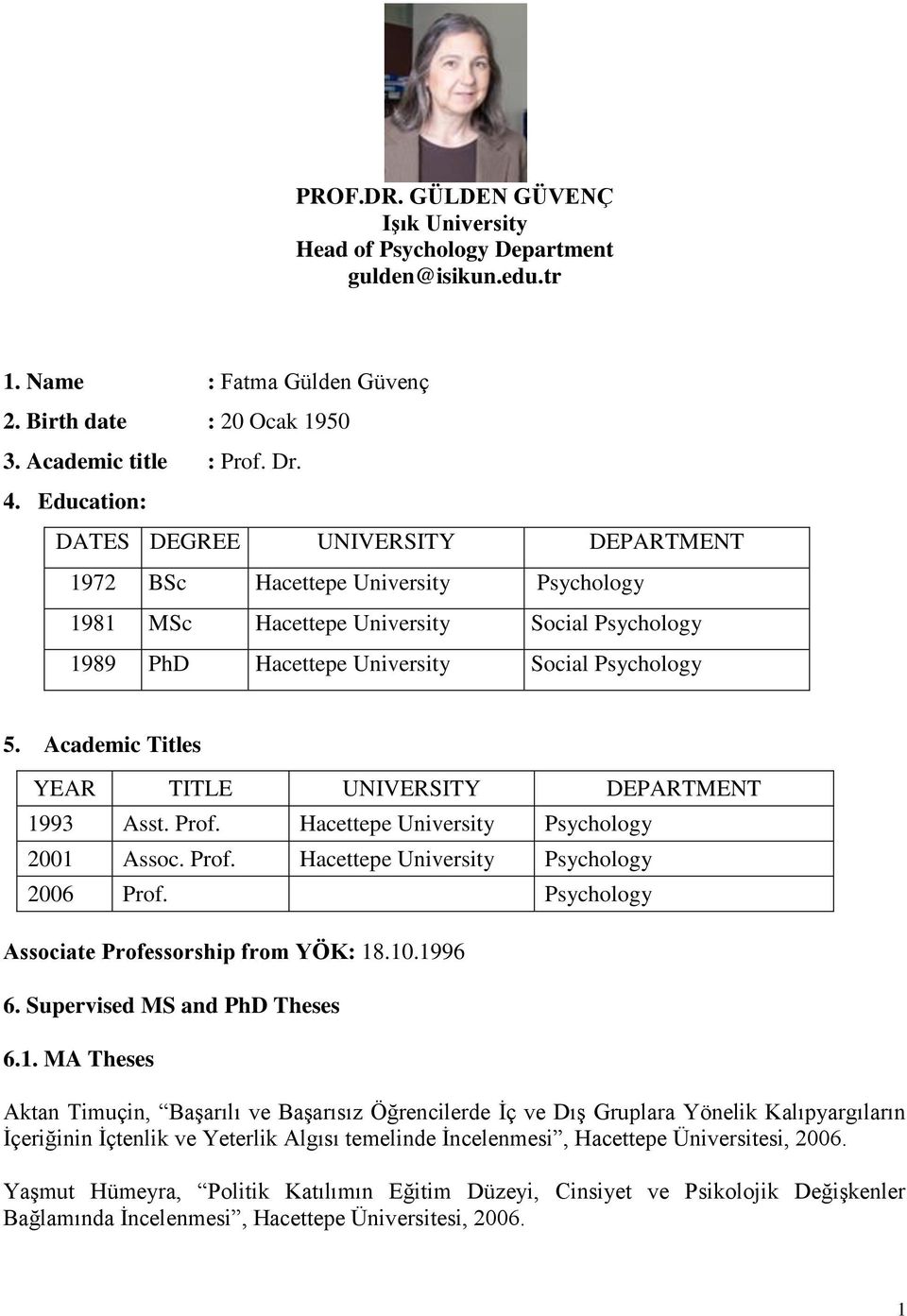 Academic Titles YEAR TITLE UNIVERSITY DEPARTMENT 1993 Asst. Prof. Hacettepe University Psychology 2001 Assoc. Prof. Hacettepe University Psychology 2006 Prof.