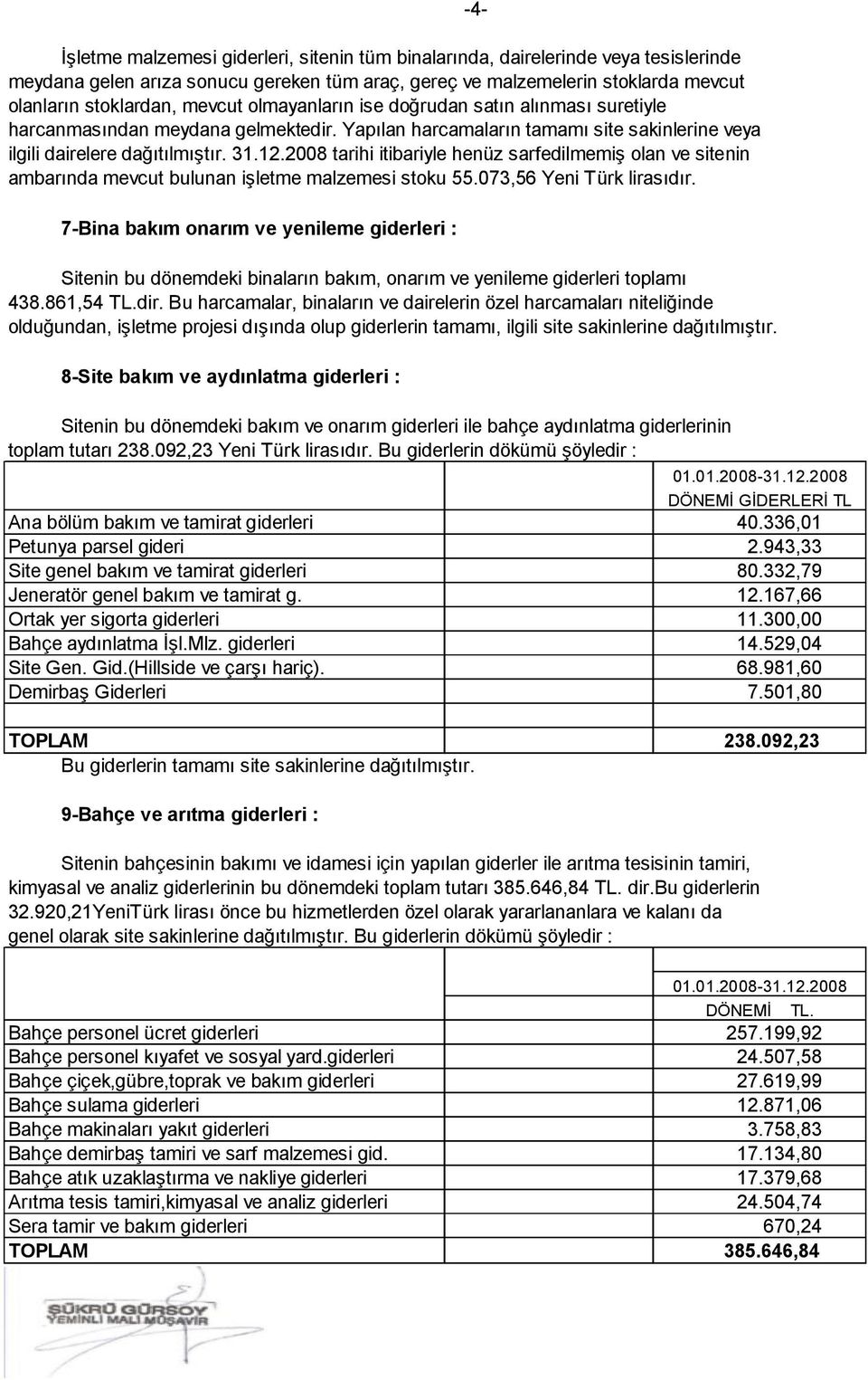 2008 tarihi itibariyle henüz sarfedilmemiş olan ve sitenin ambarında mevcut bulunan işletme malzemesi stoku 55.073,56 Yeni Türk lirasıdır.