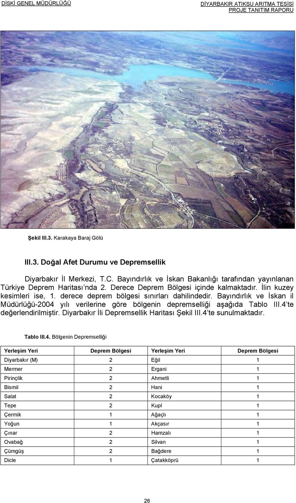 Bayındırlık ve İskan il Müdürlüğü-2004 yılı verilerine göre bölgenin depremselliği aşağıda Tablo III.4 te değerlendirilmiştir. Diyarbakır İli Depremsellik Haritası Şekil III.4 te sunulmaktadır.