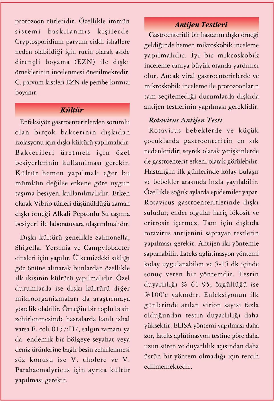 C. parvum kistleri EZN ile pembe-k rm z boyan r. Kültür Enfeksiyöz gastroenteritlerden sorumlu olan birçok bakterinin d flk dan izolasyonu için d flk kültürü yap lmal d r.