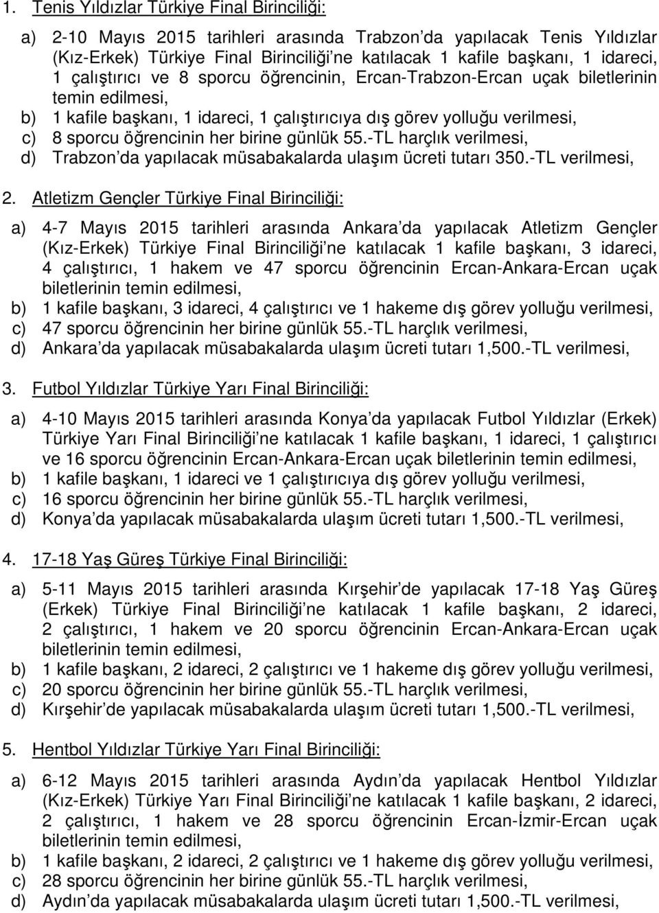 öğrencinin her birine günlük 55.-TL harçlık verilmesi, d) Trabzon da yapılacak müsabakalarda ulaşım ücreti tutarı 350.-TL verilmesi, 2.