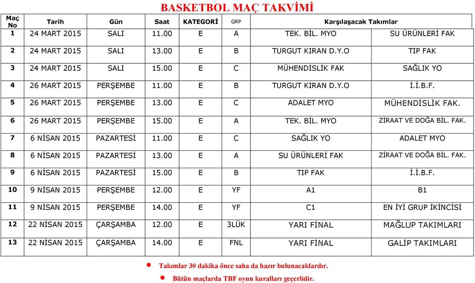 MYO ZİRAAT VE DOĞA BİL. FAK. 7 6 NİSAN 2015 PAZARTESİ 11.00 E C SAĞLIK YO ADALET MYO 8 6 NİSAN 2015 PAZARTESİ 13.00 E A SU ÜRÜNLERİ FAK ZİRAAT VE DOĞA BİL. FAK. 9 6 NİSAN 2015 PAZARTESİ 15.