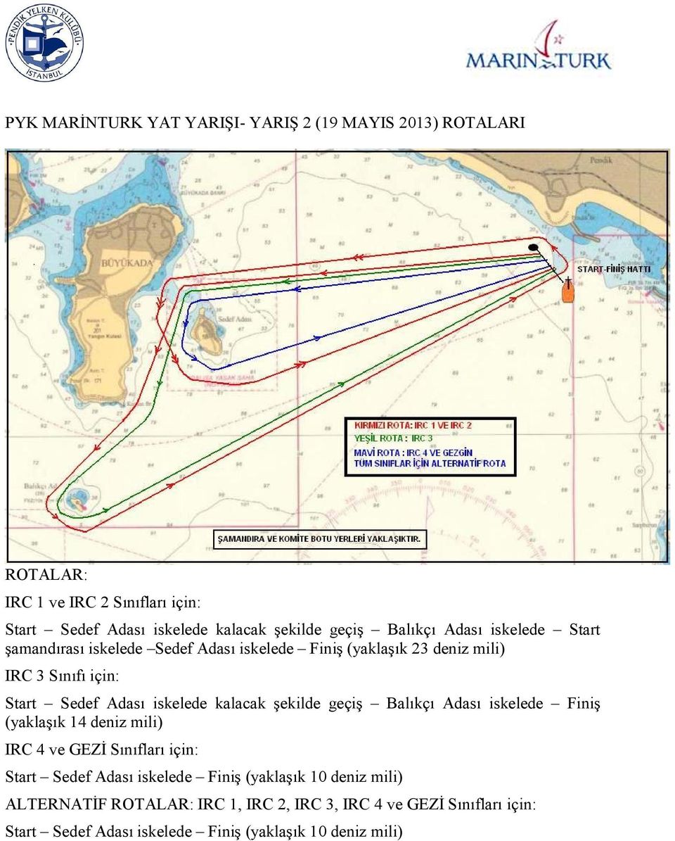 23 deniz mili) IRC 3 Sınıfı için: Start Sedef Adası iskelede kalacak şekilde geçiş Balıkçı Adası iskelede Finiş