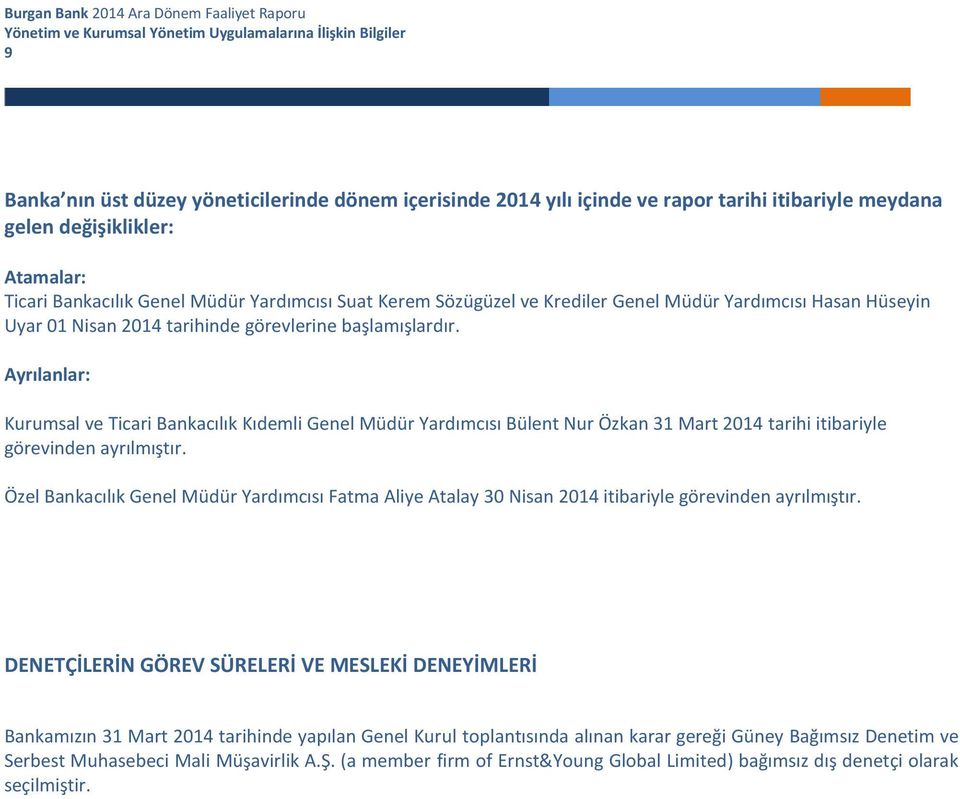 Ayrılanlar: Kurumsal ve Ticari Bankacılık Kıdemli Genel Müdür Yardımcısı Bülent Nur Özkan 31 Mart 2014 tarihi itibariyle görevinden ayrılmıştır.