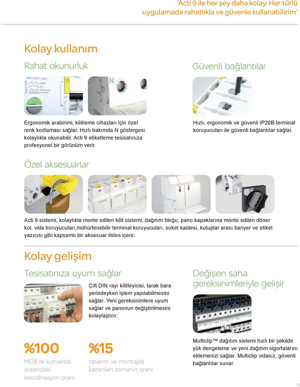 Hızlı bakımda N göstergesi kolaylıkla okunabilir. Acti 9 etiketleme tesisatınıza profesyonel bir görünüm verir. Hızlı, ergonomik ve güvenli IP20B terminal koruyucuları ile güvenli bağlantılar sağlar.