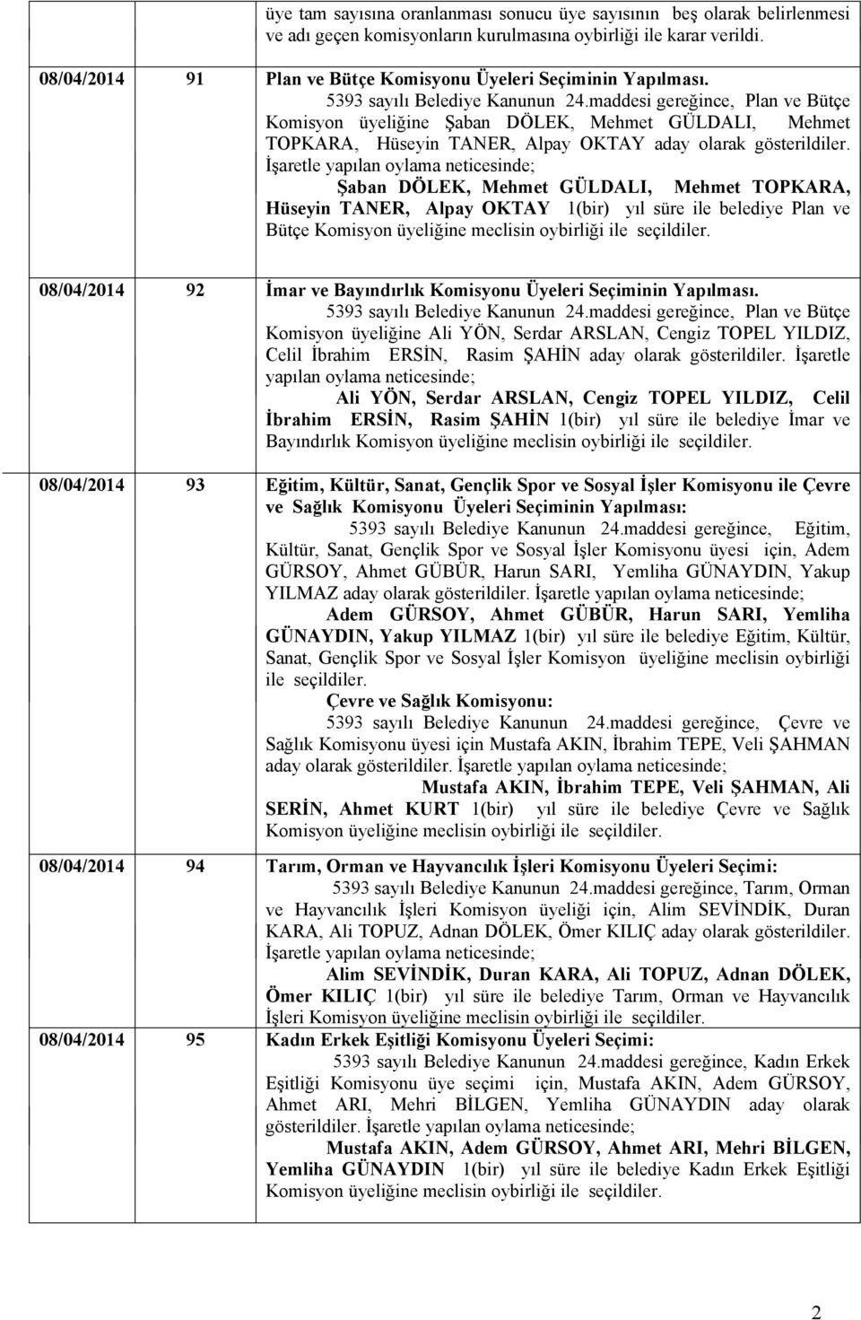 maddesi gereğince, Plan ve Bütçe Komisyon üyeliğine Şaban DÖLEK, Mehmet GÜLDALI, Mehmet TOPKARA, Hüseyin TANER, Alpay OKTAY aday olarak gösterildiler.
