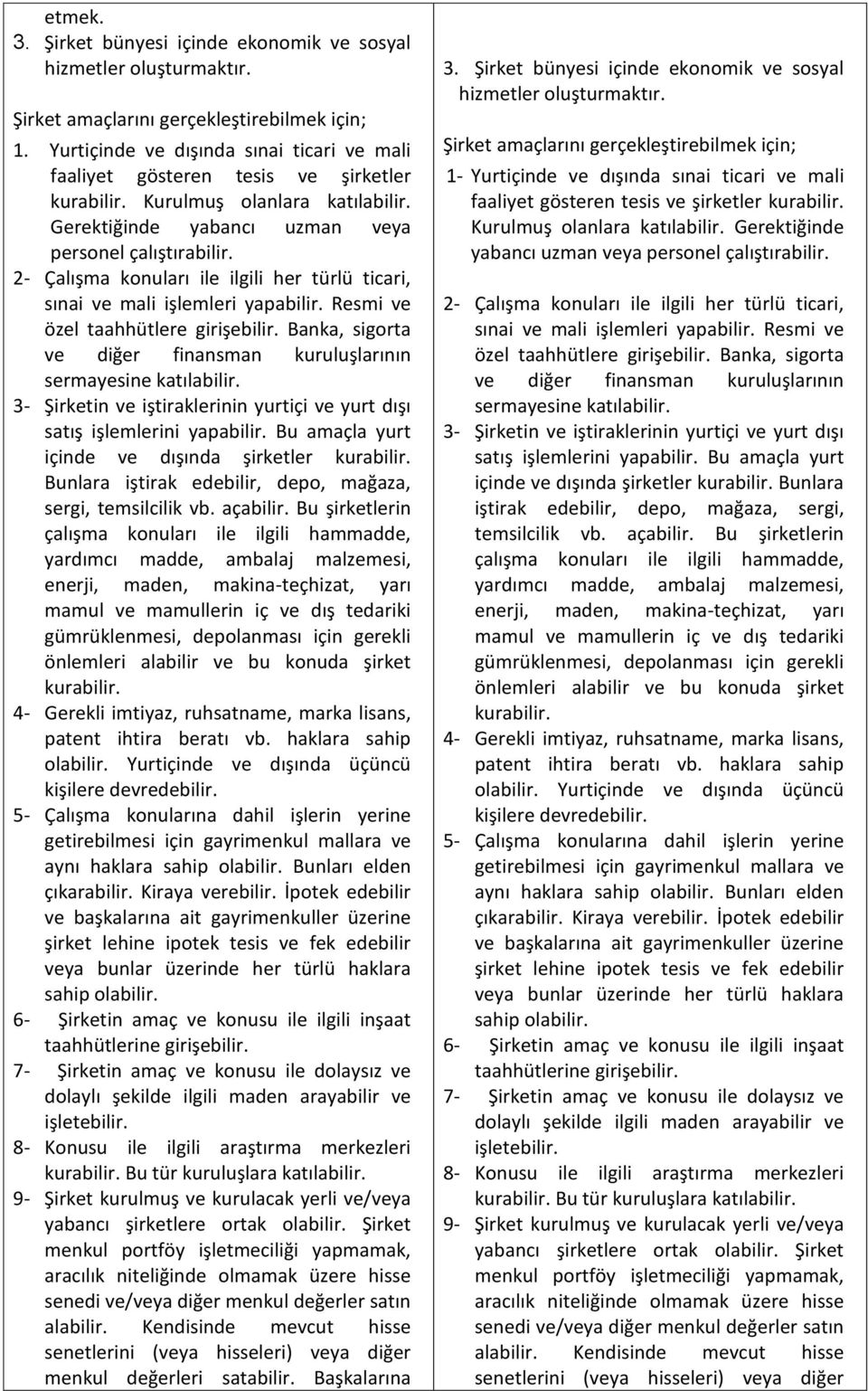 2- Çalışma konuları ile ilgili her türlü ticari, sınai ve mali işlemleri yapabilir. Resmi ve özel taahhütlere girişebilir. Banka, sigorta ve diğer finansman kuruluşlarının sermayesine katılabilir.