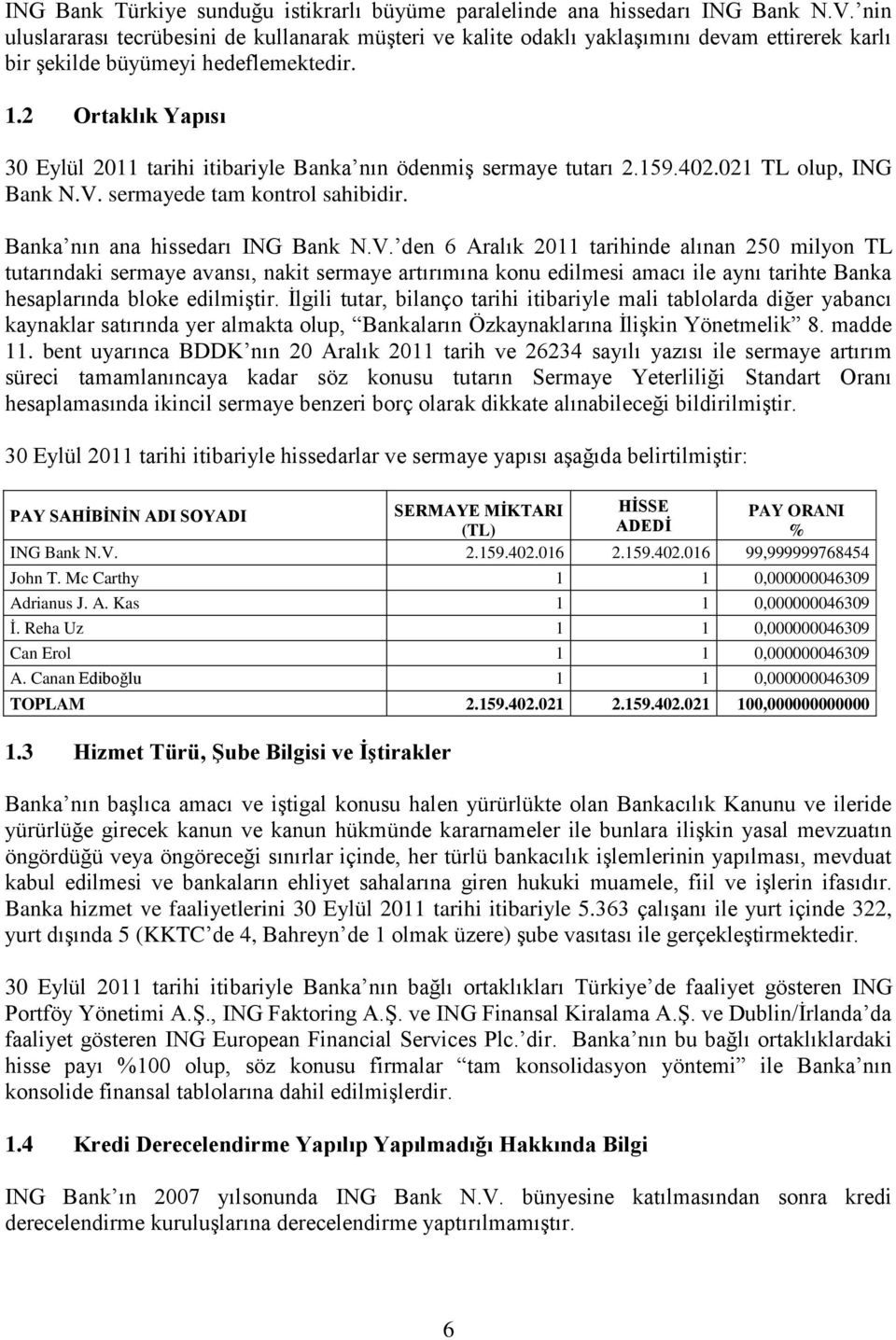 2 Ortaklık Yapısı 30 Eylül 2011 tarihi itibariyle Banka nın ödenmiģ sermaye tutarı 2.159.402.021 TL olup, ING Bank N.V.