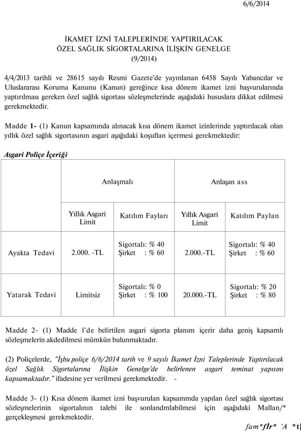 Madde 1- (1) Kanun kapsamında alınacak kısa dönem ikamet izinlerinde yaptırılacak olan yıllık özel sağlık sigortasının asgari aşağıdaki koşullan içermesi gerekmektedir: Asgari Poliçe İçeriği