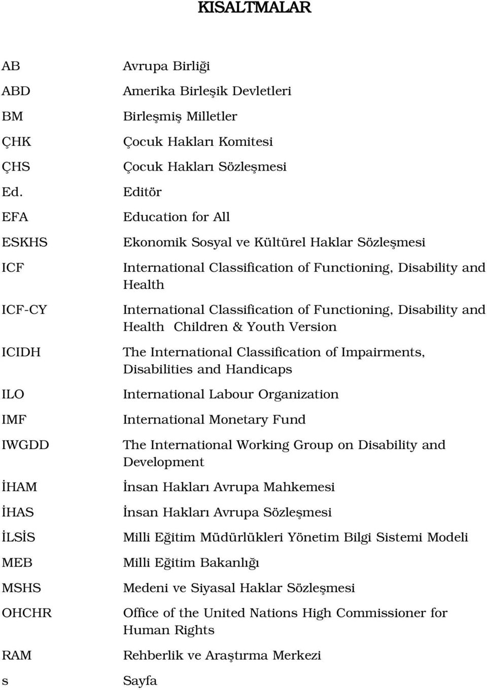 Education for All Ekonomik Sosyal ve Kültürel Haklar Sözleflmesi International Classification of Functioning, Disability and Health International Classification of Functioning, Disability and Health