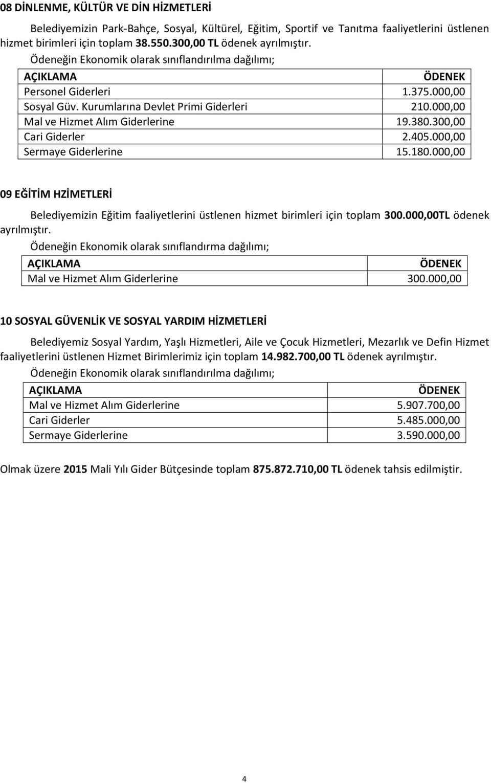 300,00 Cari Giderler 2.405.000,00 Sermaye Giderlerine 15.180.000,00 09 EĞİTİM HZİMETLERİ Belediyemizin Eğitim faaliyetlerini üstlenen hizmet birimleri için toplam 300.000,00TL ödenek ayrılmıştır.