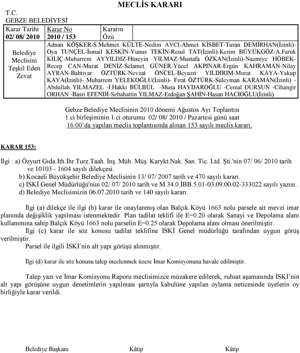 d) Meclisimizin 06.07.2010 tarih ve 140 sayılı kararı. Ġlgi (a) dilekçe ile ilgi (b) karar ile onaylanmıģ olan Balçık Köyü 1663 nolu parsele ait mevzi imar planında değiģiklik yapılması istenmektedir.