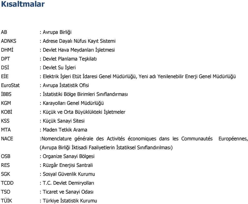 Küçük ve Orta Büyüklükteki İşletmeler KSS : Küçük Sanayi Sitesi MTA : Maden Tetkik Arama NACE :Nomenclature générale des Activités économiques dans les Communautés Européennes, (Avrupa Birliği