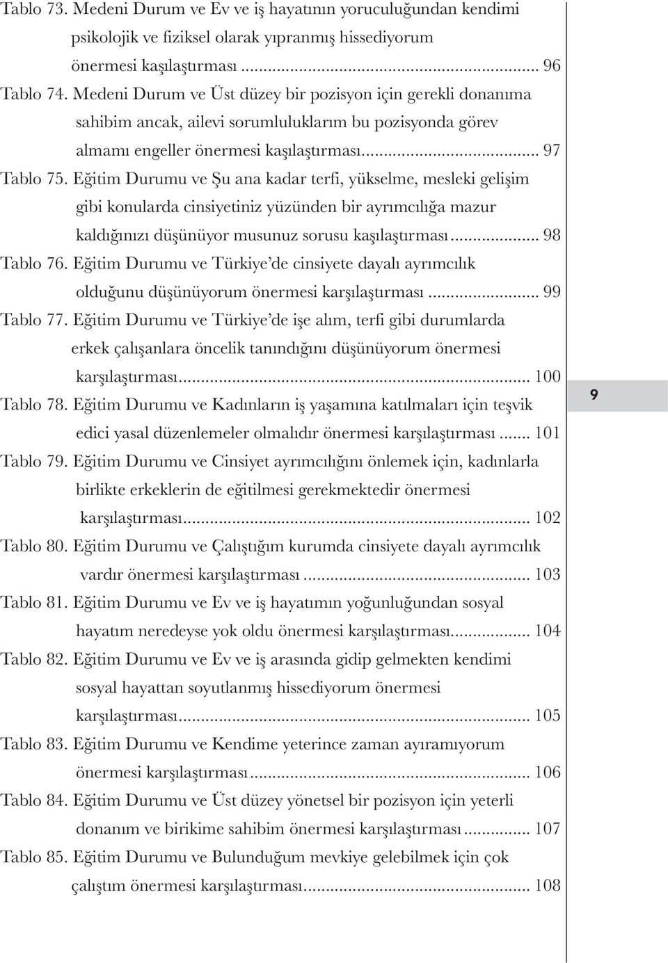 Eğitim Durumu ve Şu ana kadar terfi, yükselme, mesleki gelişim gibi konularda cinsiyetiniz yüzünden bir ayrımcılığa mazur kaldığınızı düşünüyor musunuz sorusu kaşılaştırması... 98 Tablo 76.