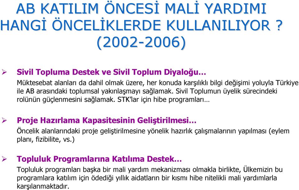 yakınlaşmayı sağlamak. Sivil Toplumun üyelik sürecindeki rolünün güçlenmesini sağlamak.