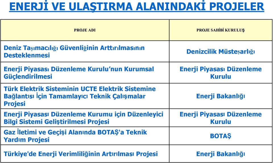 Piyasası Düzenleme Kurumu için Düzenleyici Bilgi Sistemi Geliştirilmesi Projesi Gaz İletimi ve Geçişi Alanında BOTAŞ'a Teknik Yardım Projesi Türkiye'de