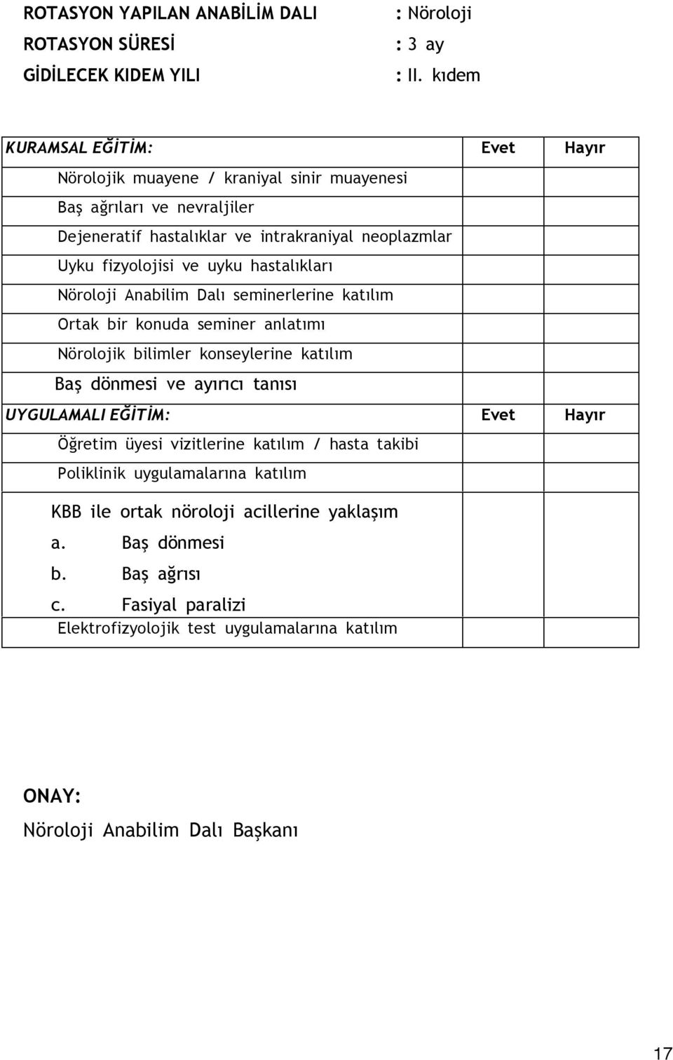 uyku hastalıkları Nöroloji Anabilim Dalı seminerlerine katılım Ortak bir konuda seminer anlatımı Nörolojik bilimler konseylerine katılım Bas dönmesi ve ayırıcı tanısı UYGULAMALI