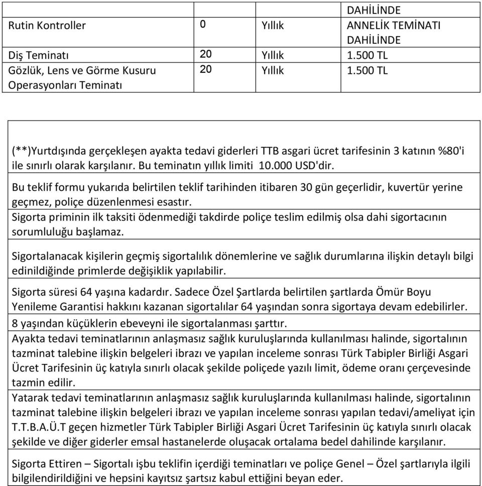 Bu teklif formu yukarıda belirtilen teklif tarihinden itibaren 30 gün geçerlidir, kuvertür yerine geçmez, poliçe düzenlenmesi esastır.