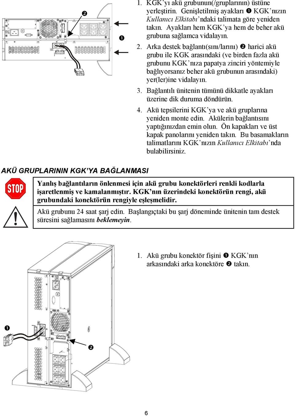 Arka destek bağlantõ(sõnõ/larõnõ) $ harici akü grubu ile KGK arasõndaki (ve birden fazla akü grubunu KGK nõza papatya zinciri yöntemiyle bağlõyorsanõz beher akü grubunun arasõndaki) yer(ler)ine