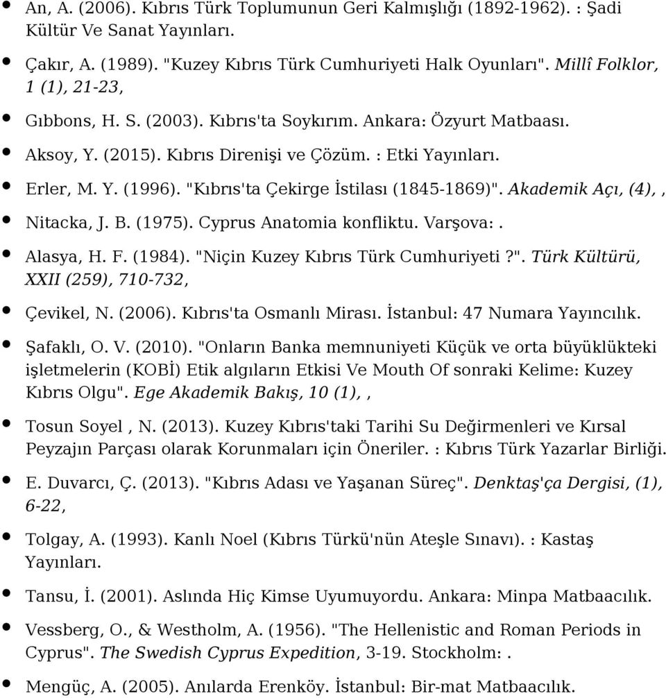 (1975). Cyprus Anatomia konfliktu. Varşova:. Alasya, H. F. (1984). "Niçin Kuzey Kıbrıs Türk Cumhuriyeti?". Türk Kültürü, XXII (259), 710-732, Çevikel, N. (2006). Kıbrıs'ta Osmanlı Mirası.