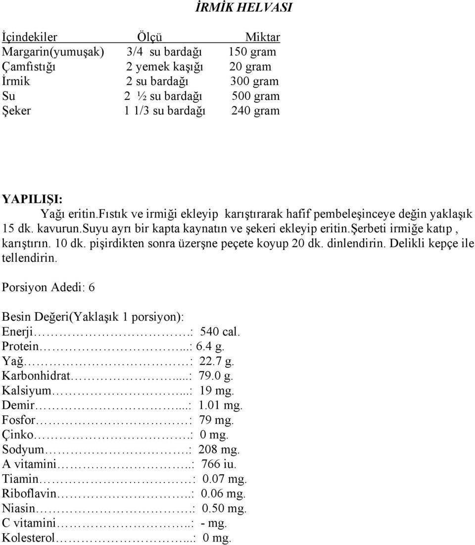 10 dk. pişirdikten sonra üzerşne peçete koyup 20 dk. dinlendirin. Delikli kepçe ile tellendirin. Enerji.: 540 cal. Protein...: 6.4 g. Yağ : 22.7 g. Karbonhidrat...: 79.0 g. Kalsiyum.