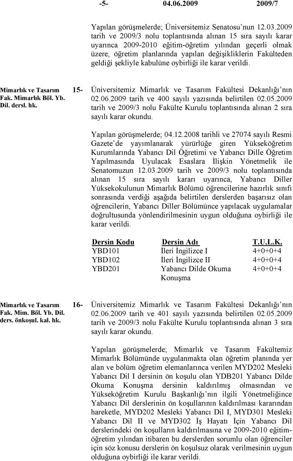 şekliyle kabulüne oybirliği ile karar verildi. Mimarlık ve Tasarım 15- Fak. Mimarlık Böl. Yb. Dil. dersl. hk. Üniversitemiz Mimarlık ve Tasarım Fakültesi Dekanlığı nın 02.06.