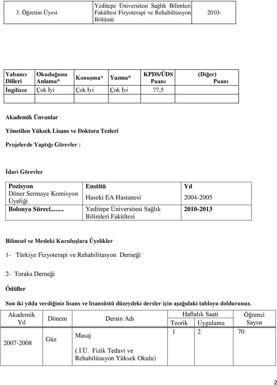 .. Enstitü Haseki EA Hastanesi Yeditepe Üniversitesi Sağlık Bilimleri Fakültesi Yıl 2004-2005 2010-2013 Bilimsel ve Mesleki Kuruluşlara Üyelikler 1- Türkiye Fizyoterapi ve Rehabilitasyon Derneği 2-