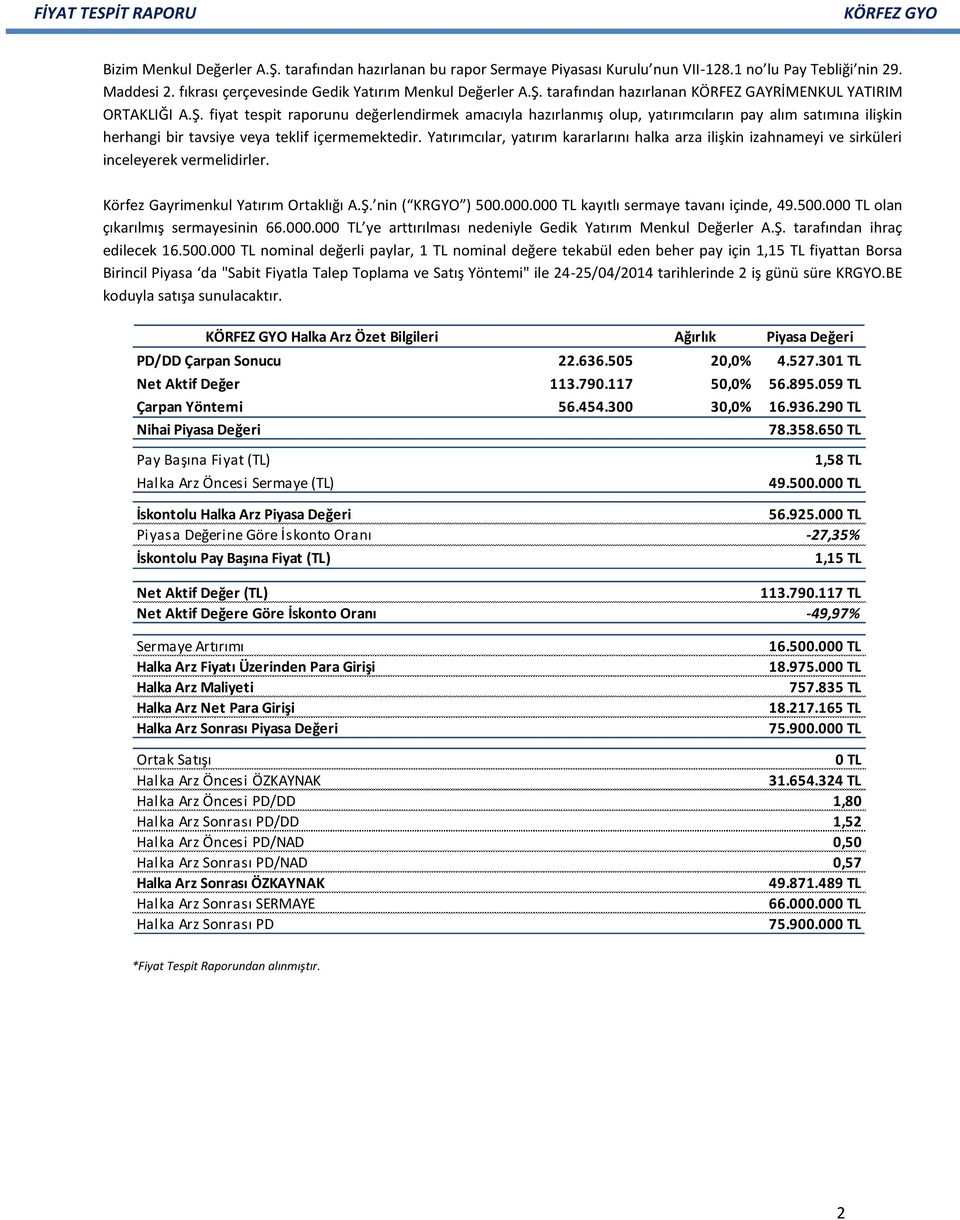 Yatırımcılar, yatırım kararlarını halka arza ilişkin izahnameyi ve sirküleri inceleyerek vermelidirler. Körfez Gayrimenkul Yatırım Ortaklığı A.Ş. nin ( KRGYO ) 500.000.
