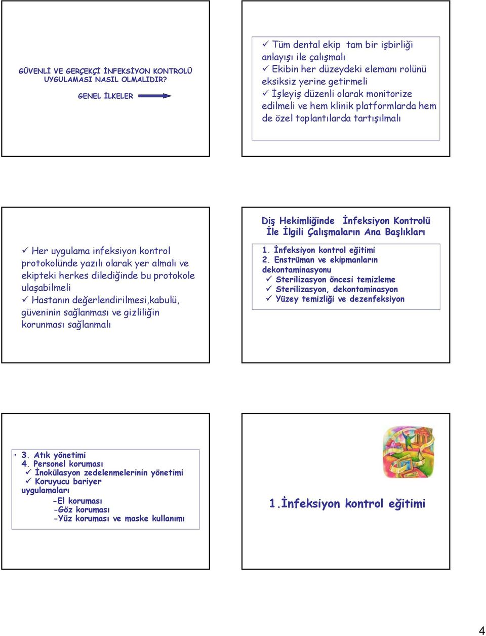 platformlarda hem de özel toplantılarda tartışılmalı Diş Hekimliğinde İnfeksiyon Kontrolü İle İlgili Çalışmaların Ana Başlıkları Her uygulama infeksiyon kontrol protokolünde yazılı olarak yer almalı