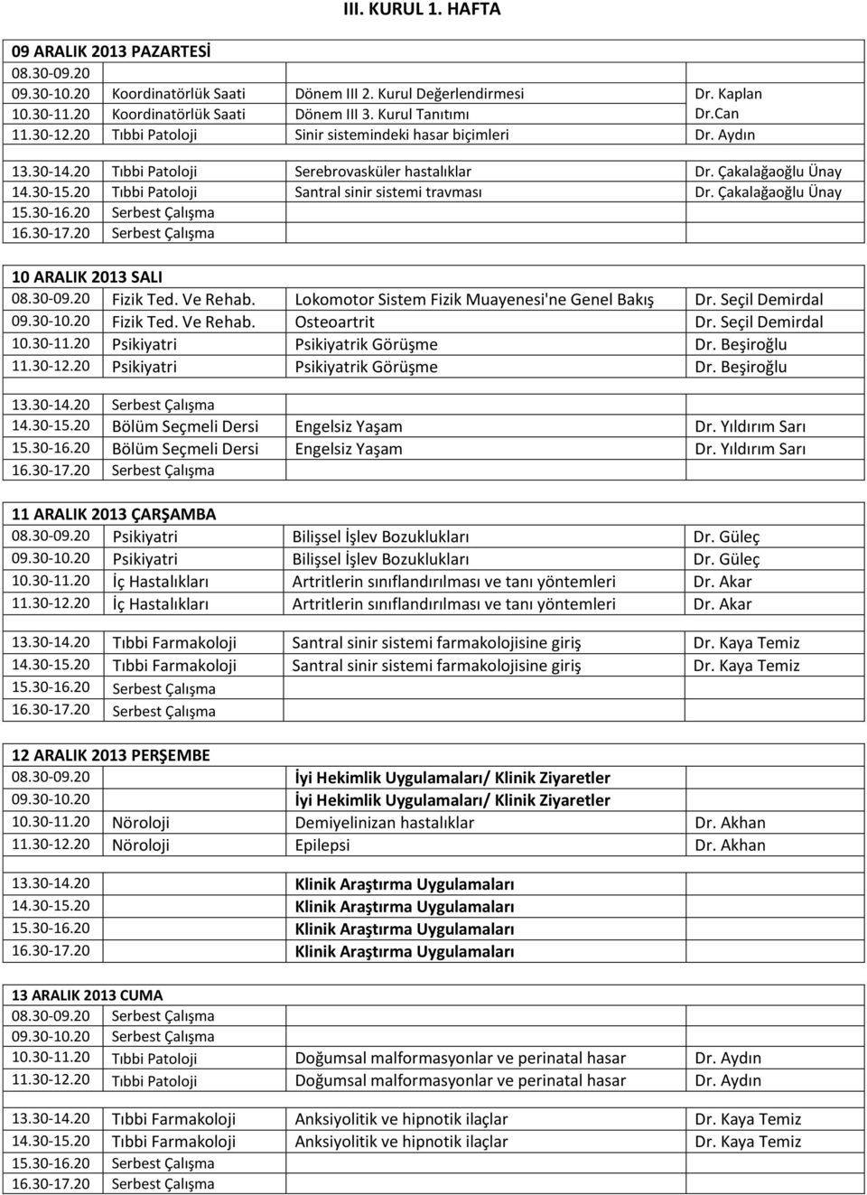 20 Tıbbi Patoloji Santral sinir sistemi travması Dr. Çakalağaoğlu Ünay 10 ARALIK 2013 SALI 08.30-09.20 Fizik Ted. Ve Rehab. Lokomotor Sistem Fizik Muayenesi'ne Genel Bakış Dr. Seçil Demirdal 09.30-10.