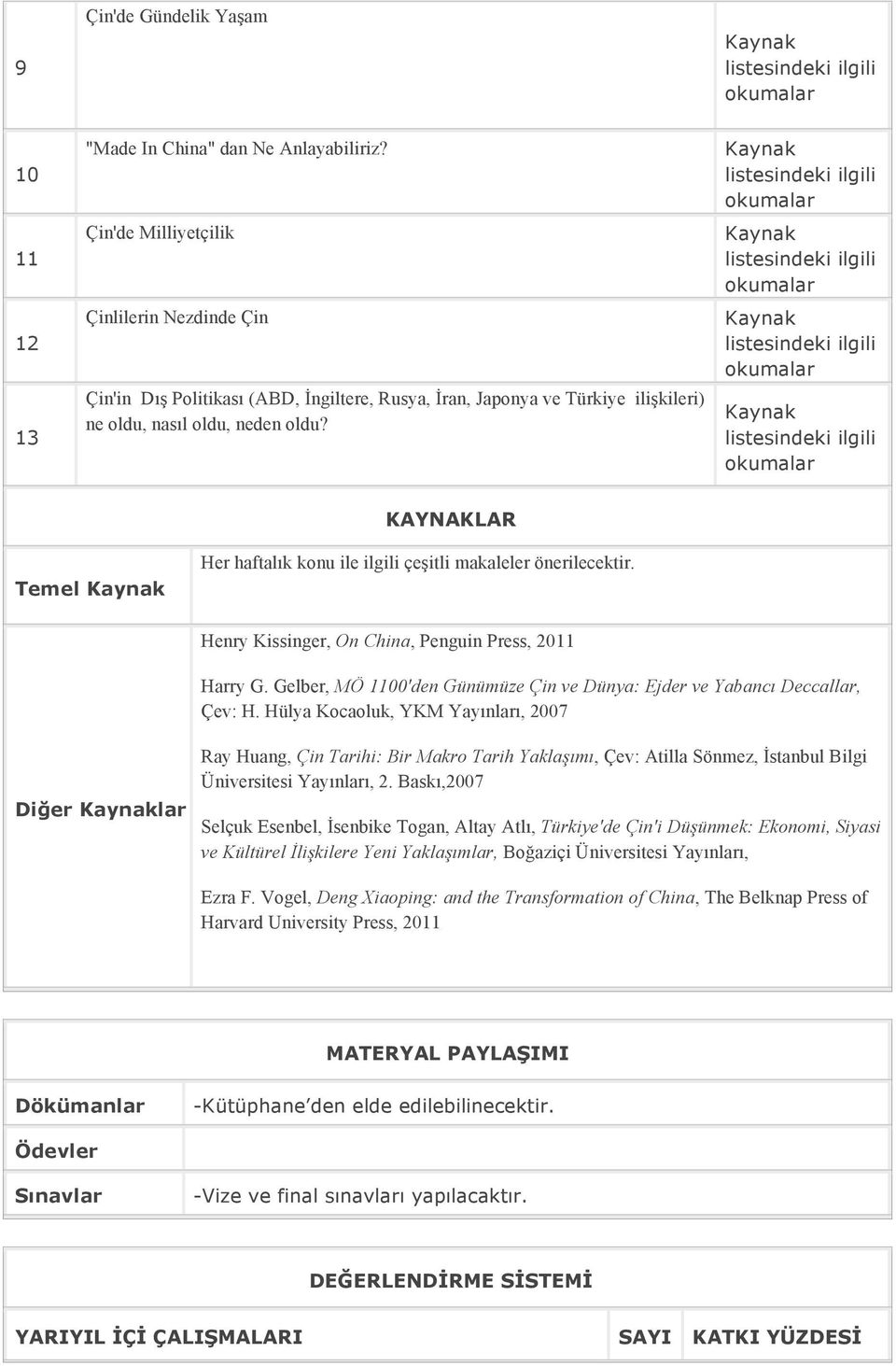 KAYNAKLAR Temel Her haftalık konu ile ilgili çeşitli makaleler önerilecektir. Henry Kissinger, On China, Penguin Press, 2011 Harry G.