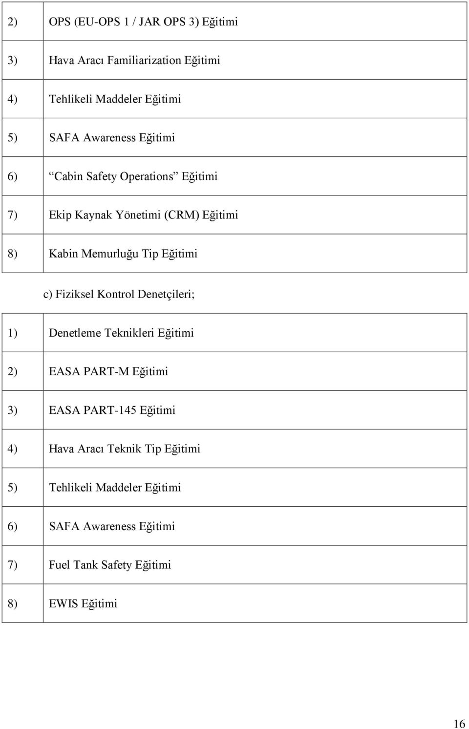 Eğitimi c) Fiziksel Kontrol Denetçileri; 1) Denetleme Teknikleri Eğitimi 2) EASA PART-M Eğitimi 3) EASA PART-145 Eğitimi