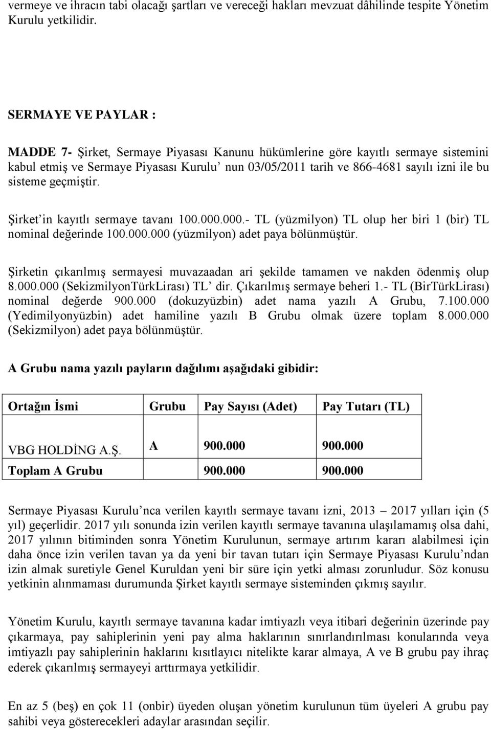 sisteme geçmiştir. Şirket in kayıtlı sermaye tavanı 100.000.000.- TL (yüzmilyon) TL olup her biri 1 (bir) TL nominal değerinde 100.000.000 (yüzmilyon) adet paya bölünmüştür.